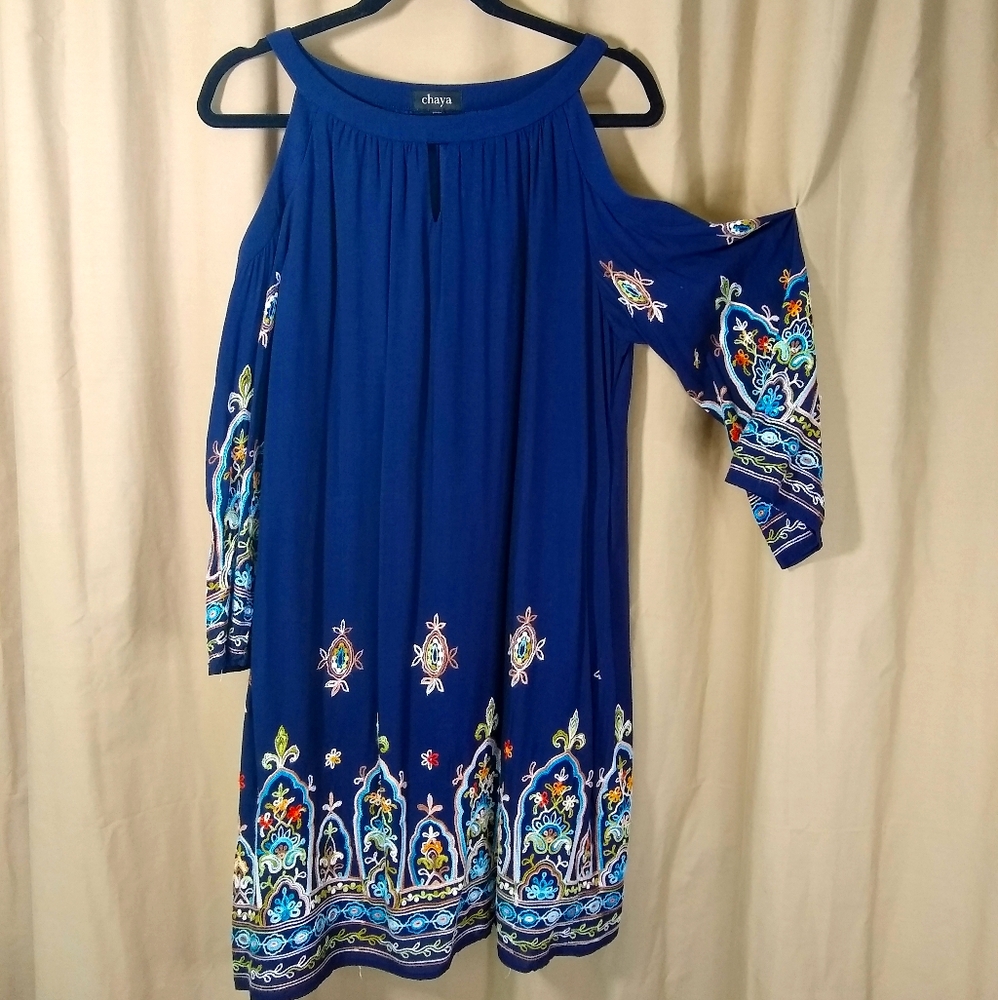 Chaya Petite navy blue floral embroidered cold shoulder shift dress